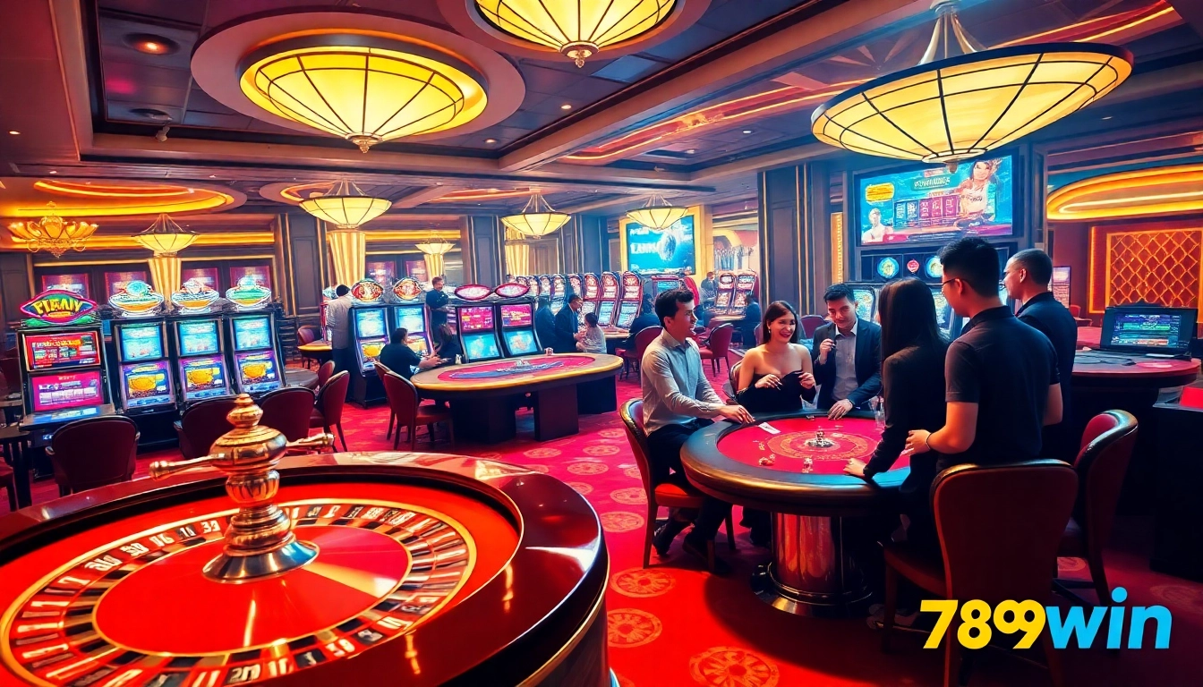 A thrilling scene capturing the excitement of gaming at trang chủ 789win with vibrant casino tables and slot machines.