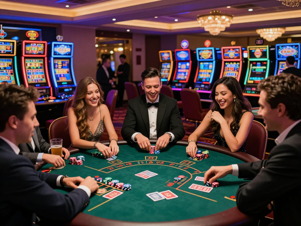KOMBET168 gaming excitement at a casino poker table with friends enjoying their night.