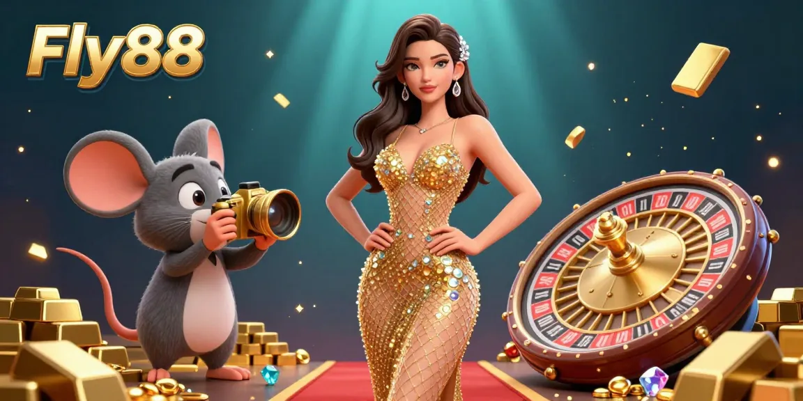 Experience the thrill of Fly88 with a stunning 3D illustration of glamorous gaming moments on the red carpet.