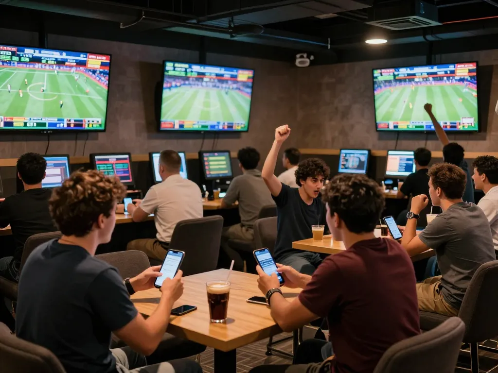 Engaged bettors analyzing Kèo Nhà Cái 5 in a lively sports betting lounge