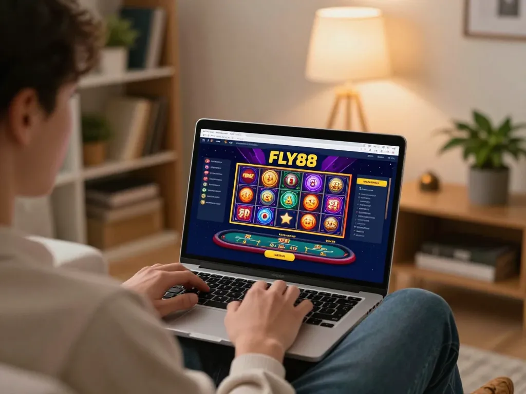 Playing online slots at FLY88 in a cozy home environment with vibrant graphics.