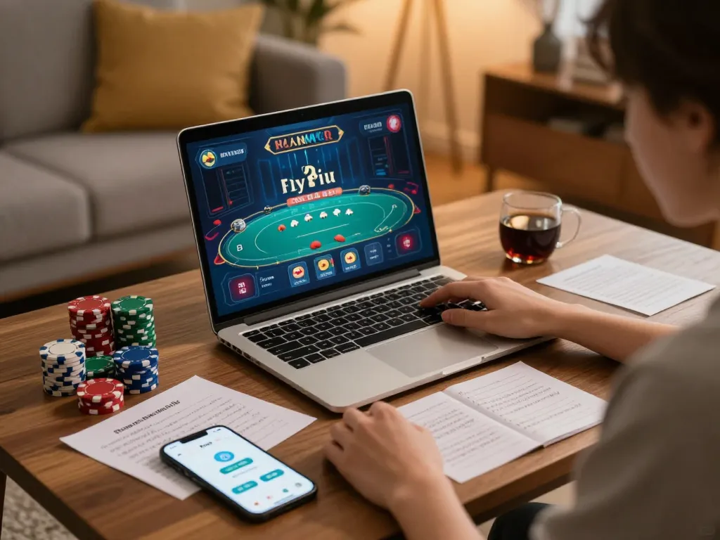 Engaged player enjoying Fly88's online casino gaming experience at home with strategies visible.
