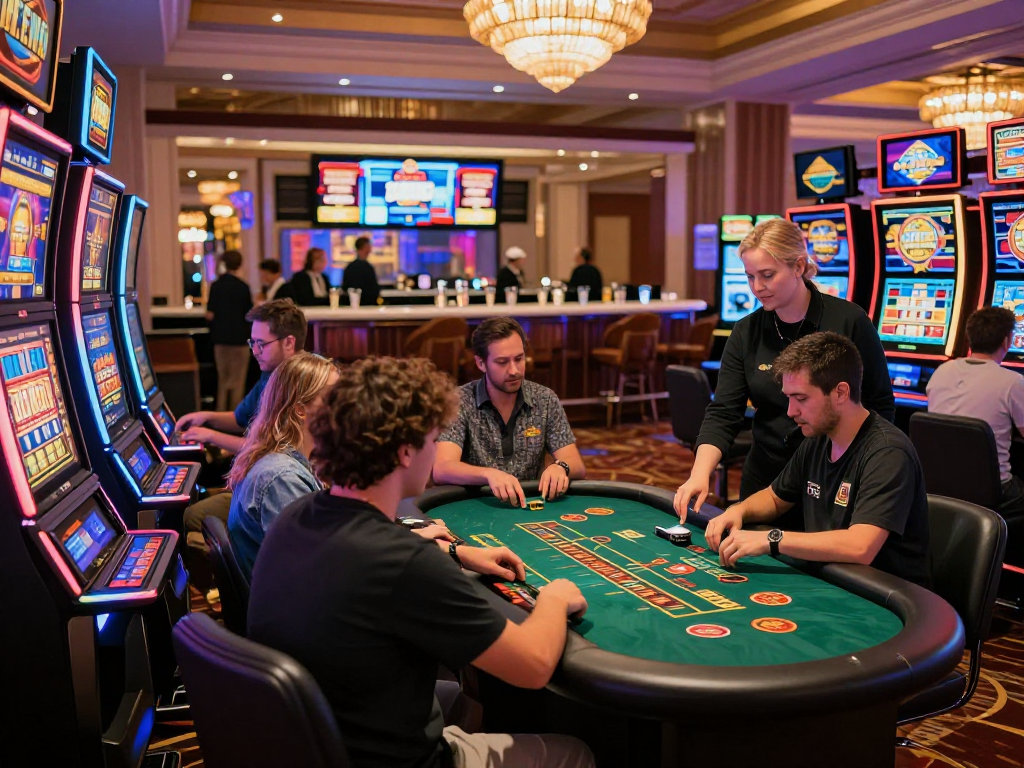 Exciting gaming scene at casinos not on Gamstop, featuring players at modern slot machines and blackjack tables in a vibrant atmosphere.