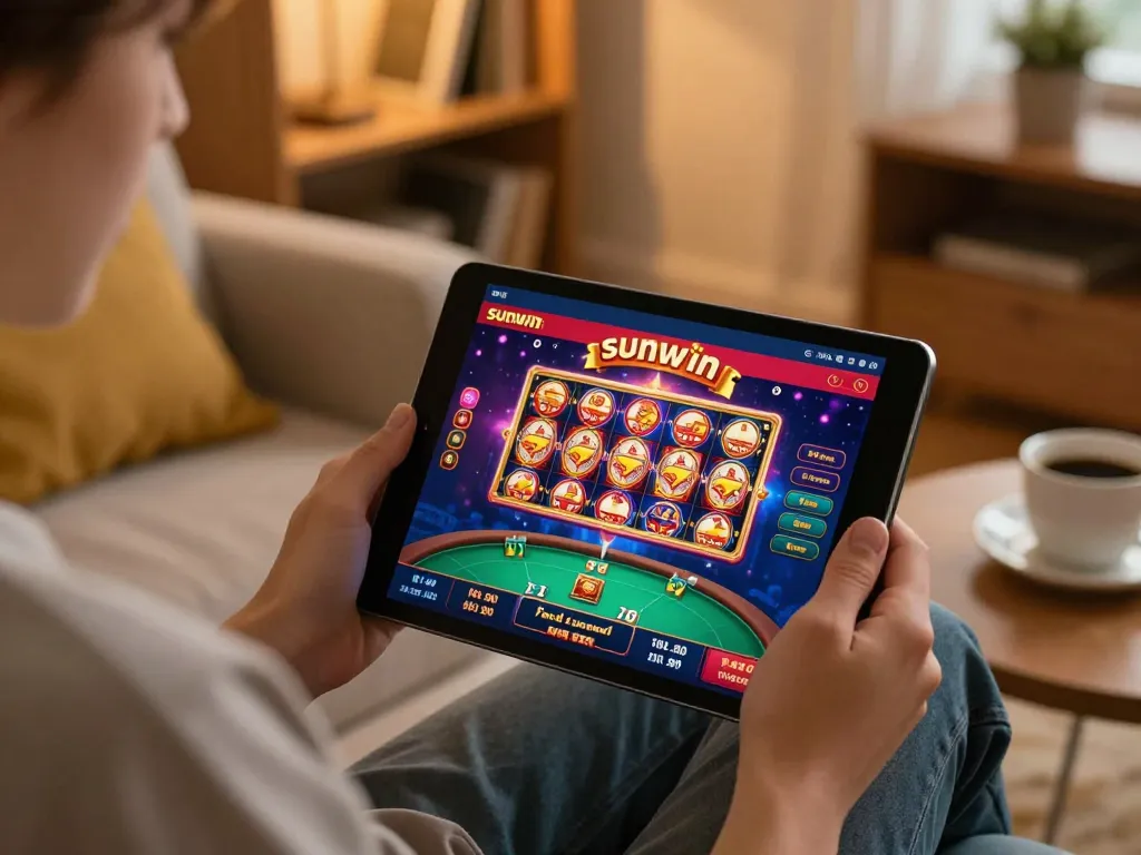 Playing sunwin mobile casino app in a cozy living room environment, illustrating online gaming excitement.