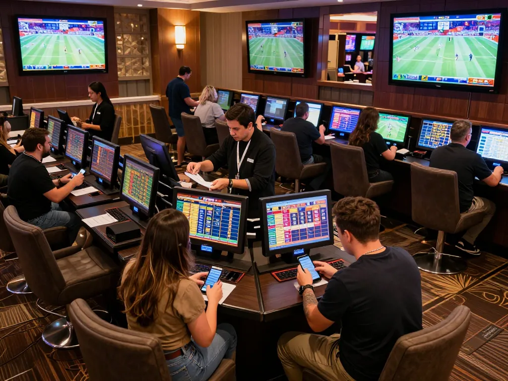 Excitement at a sports betting lounge showcasing keonhacai as patrons engage with live odds and games.