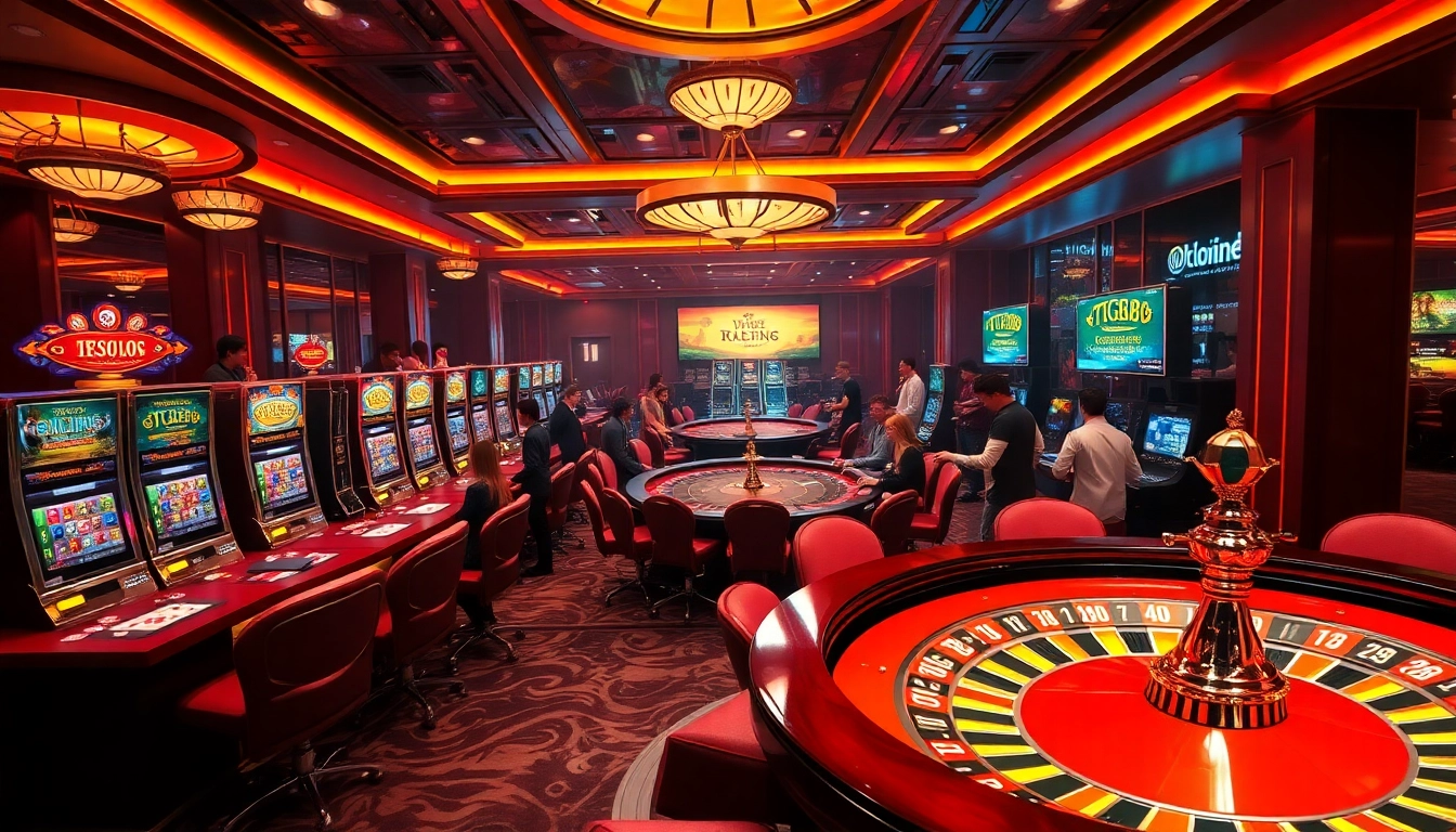 Players enjoying a luxurious gambling experience at TG88 casino with vibrant slot machines and tables.