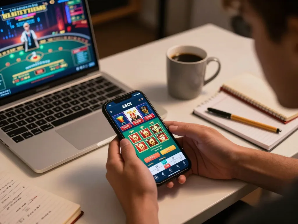 Player engaging with the ABC8go mobile app for live casino games in a cozy home setup.