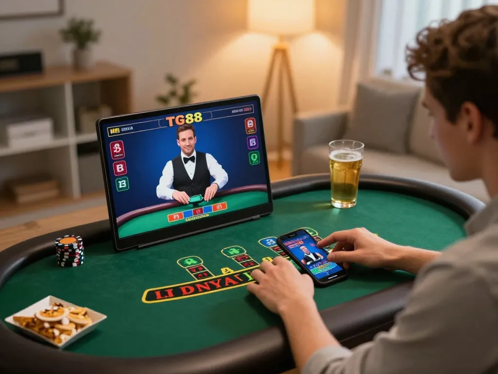 Player engaging with live dealer games on TG88, showcasing online casino excitement.