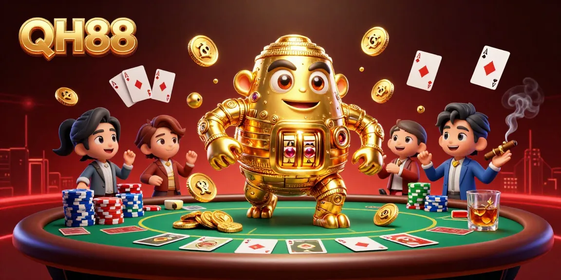 Experience thrilling gameplay at QH88 with vibrant casino elements and a fantasy golden golem.