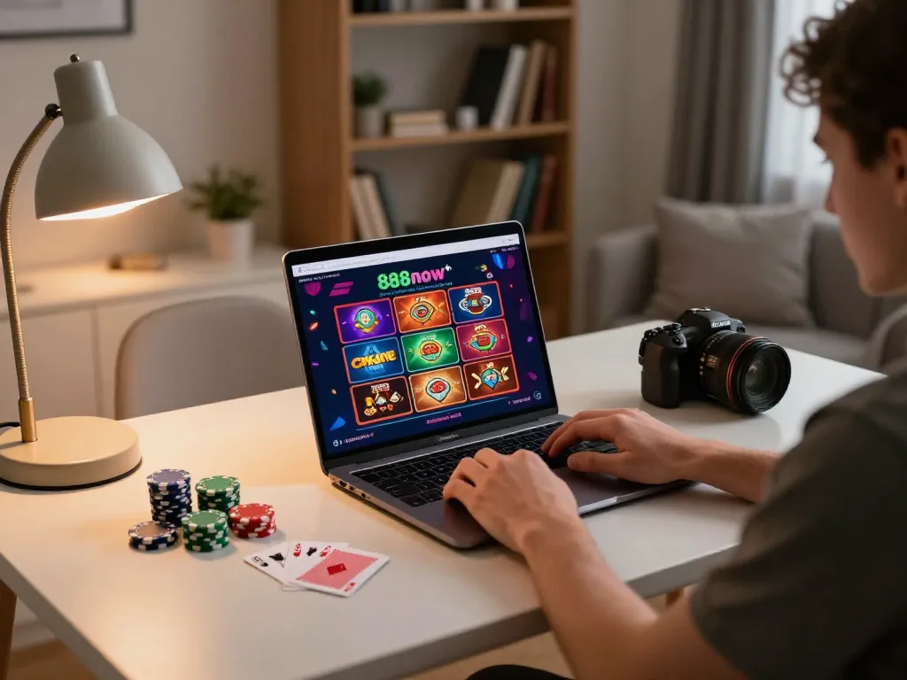 Player using 888now đăng nhập for an online gambling session, showcasing a stylish home gaming setup and focused atmosphere.