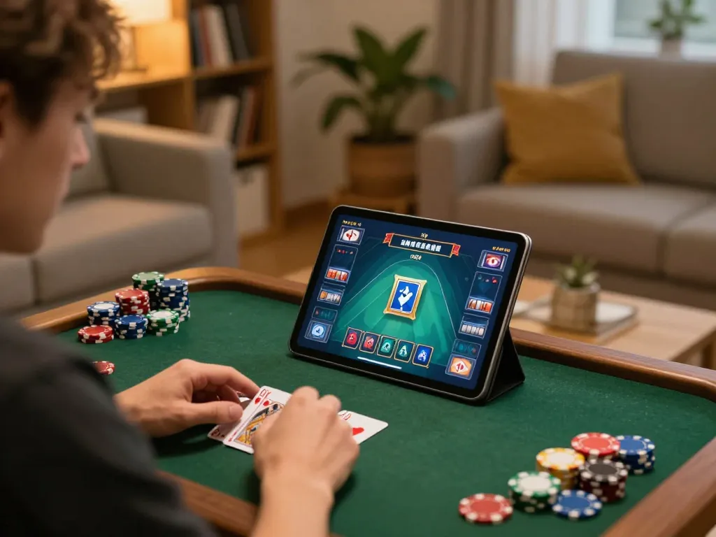 Engaging in Game đánh bài đổi thưởng on tablet with poker chips visible