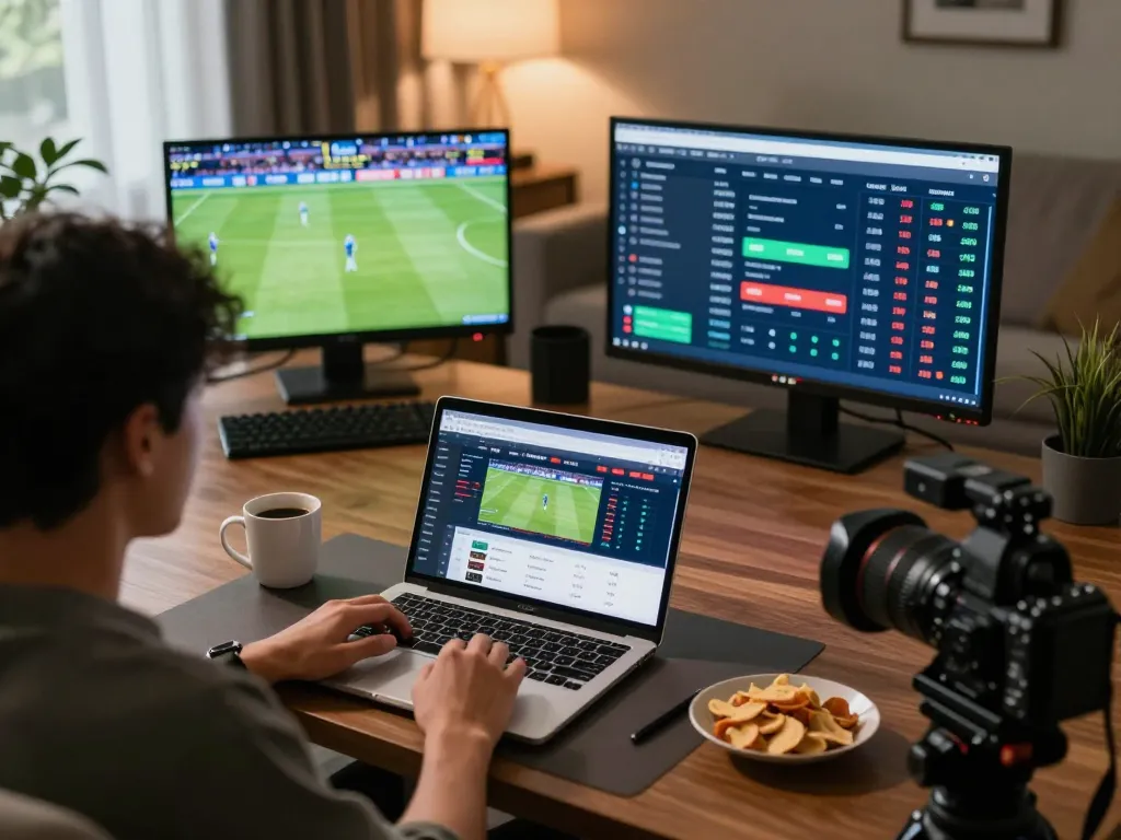 Person analyzing kèo nhà cái on a laptop while engaging in sports betting at home