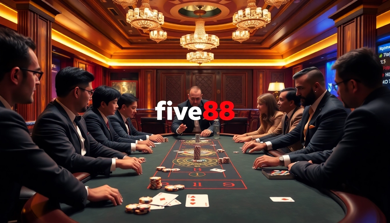 Experience high-stakes poker at https://five88.za.com/ with chips and cards in a luxurious casino setting.