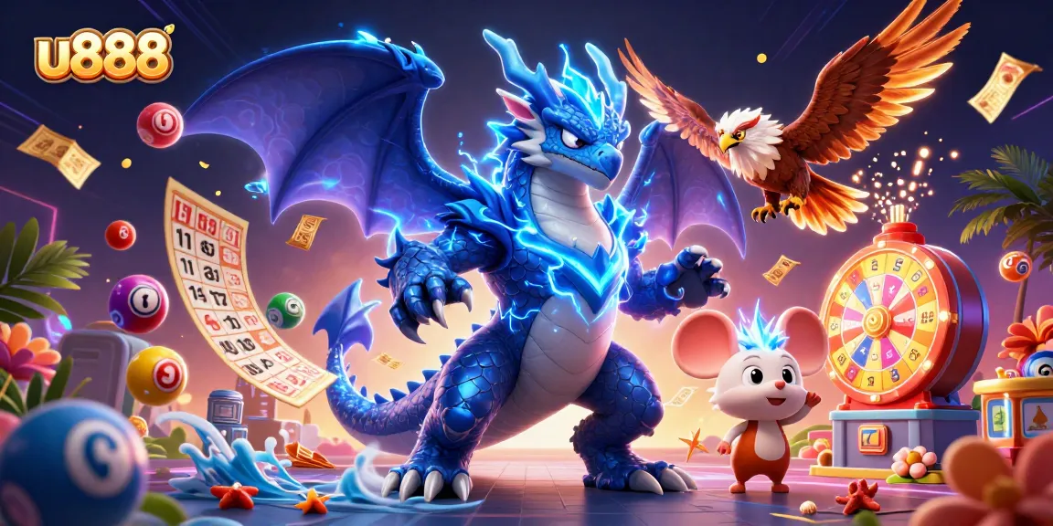 Win big with u888 as dynamic lottery balls and vibrant games surround majestic characters.