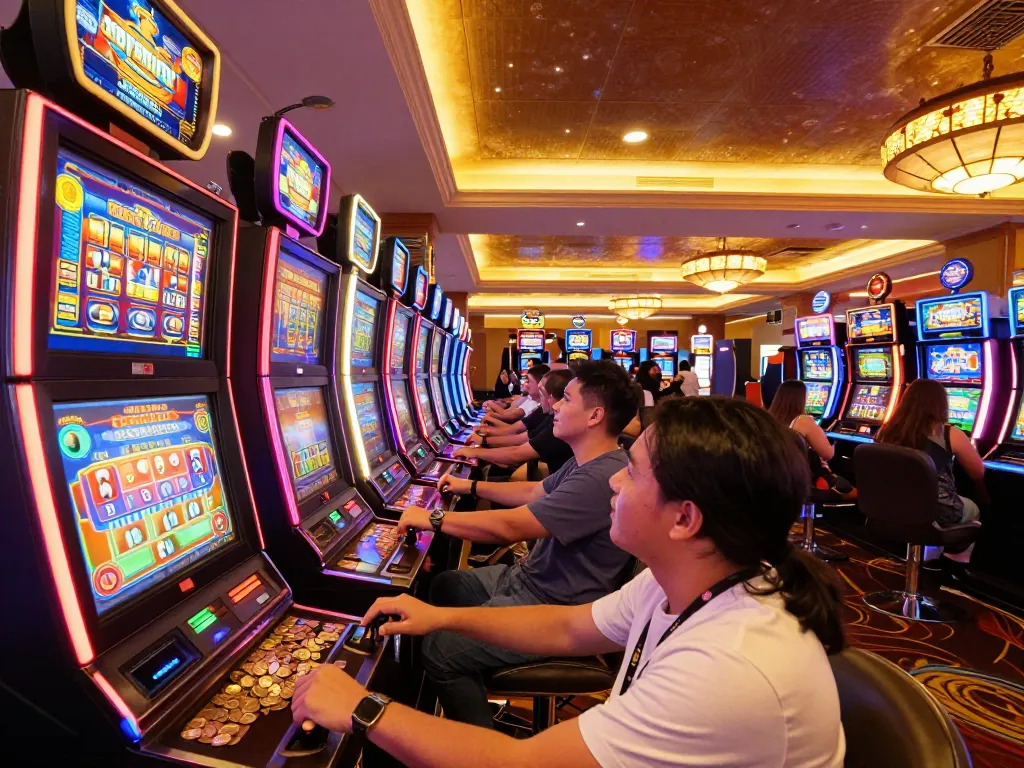 Exciting moment at a vibrant casino floor with players engaged at slot machines at https://ee888.sa.com/.