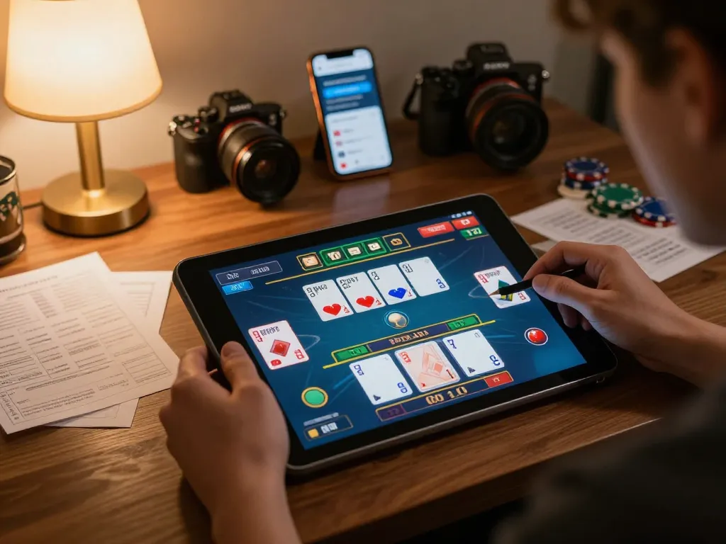 alc88 player enjoying online baccarat game on tablet with strategic notes in cozy setting