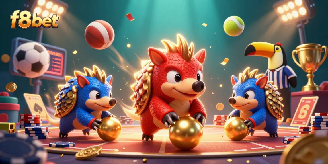Join f8bet's exciting casino adventure with rival pangolins bowling through poker chips.