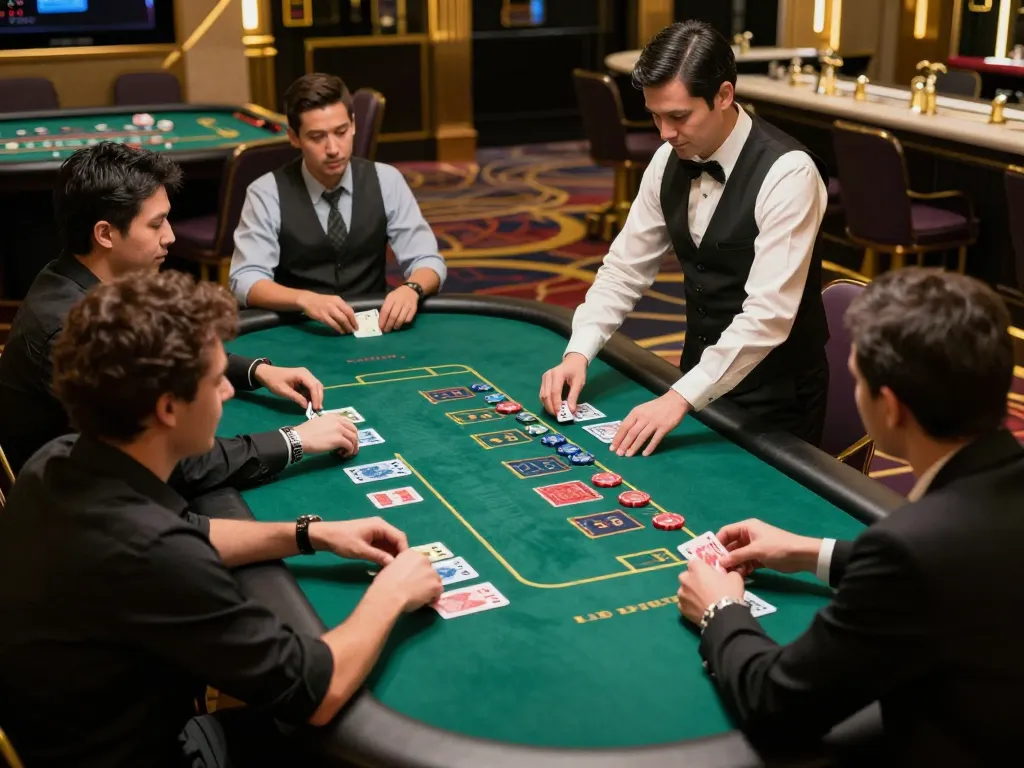 Intense gambling moment at uu88 com blackjack table with players and dealer amidst luxury casino ambiance.