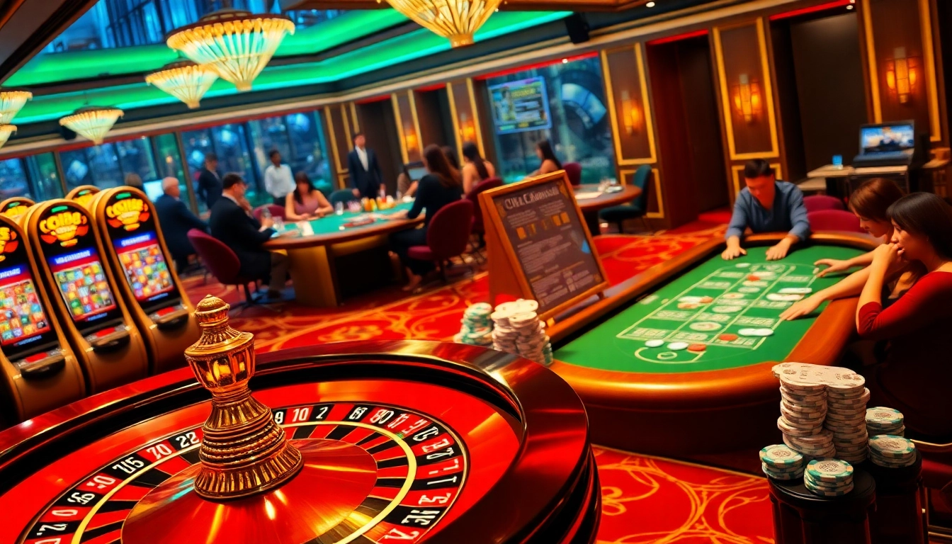 View of a lively casino environment with qh88 branding, featuring players at a roulette table and engaging slot machines.