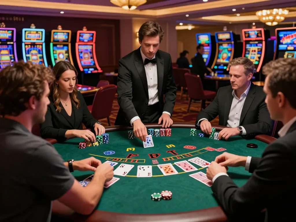Players strategizing at a blackjack table in a lively casino atmosphere featuring 9BET games.
