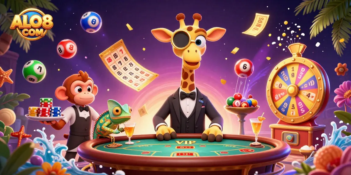 Experience the thrilling ambiance of ALO8 COM with a high-roller giraffe at a lively casino scene.