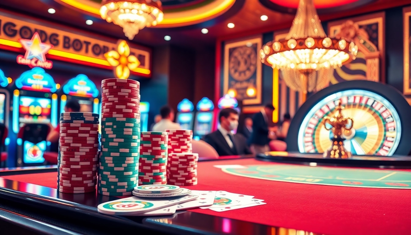 The thrilling atmosphere of a luxury casino at https://88new.autos/, showcasing vibrant games, poker chips, and a roulette wheel.
