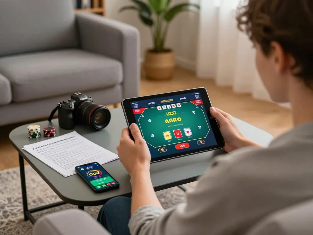 Engaging poker gameplay in GO8 app on tablet, showcasing a cozy home setting.