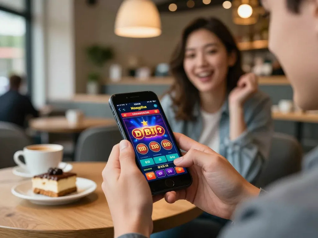 Engaging moment while tải sun win on a smartphone at a café, showcasing excitement in mobile gambling.