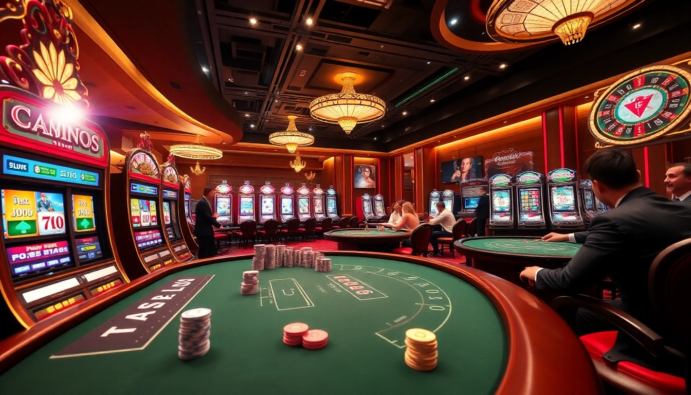 Experience the excitement of nohu90 đăng nhập at a high-end online casino table with vibrant slot machines and engaging dealers.