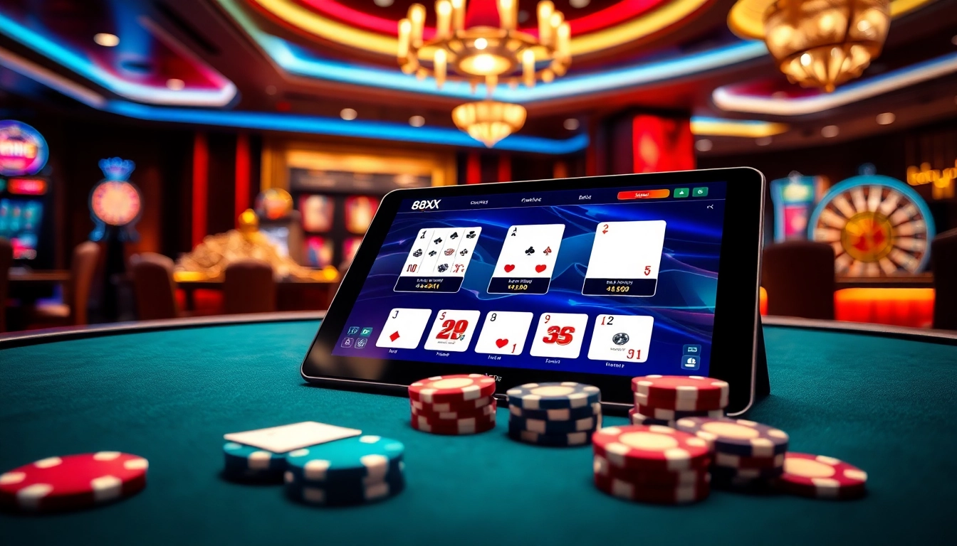 Experience the thrill of the 88XX app with vibrant gambling scenes of poker and casino excitement.