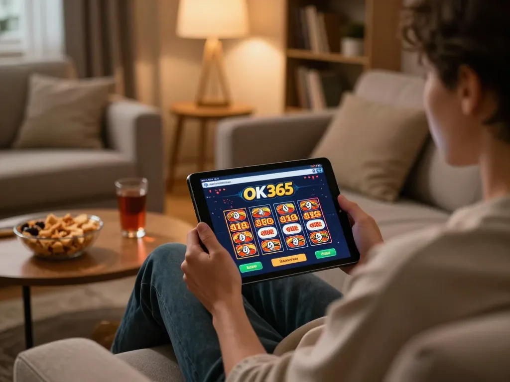 Engaging with OK365 đăng nhập on a tablet in a cozy home setup with snacks and warm lighting
