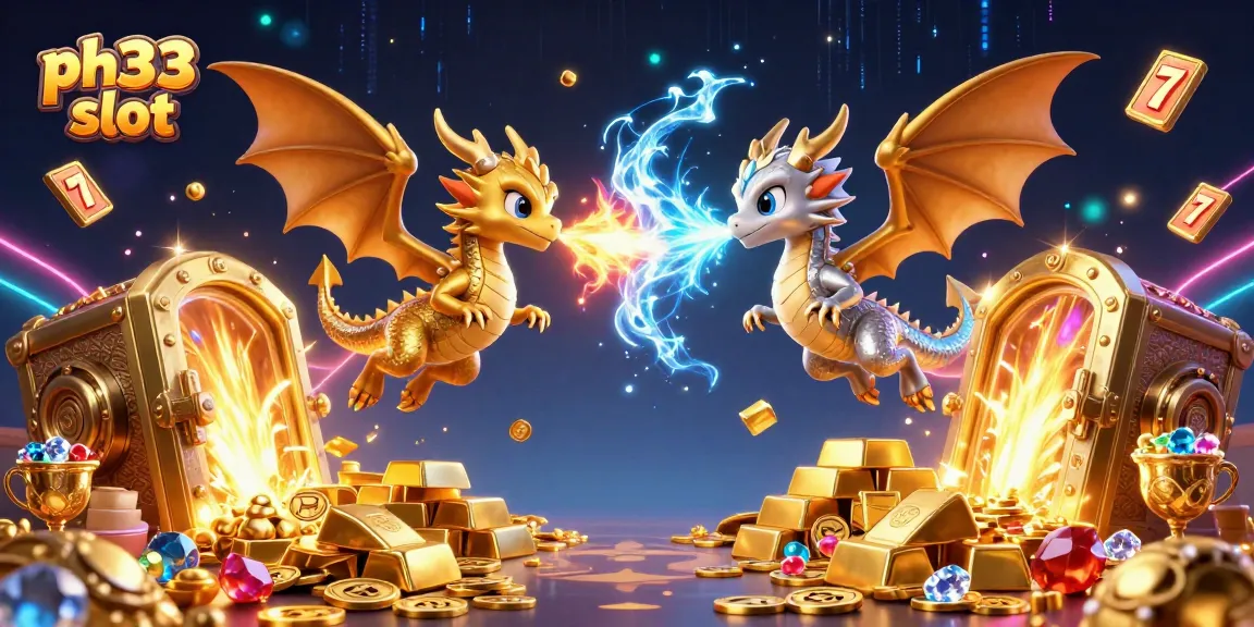 Experience thrilling ph33 slot action with dynamic dragons and treasures in this vibrant casino scene.