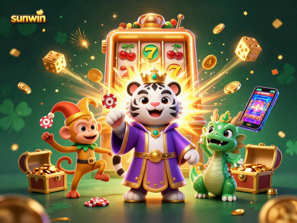 Experience the thrill of sunwin with a vibrant 3D scene featuring lively casino elements and characters.