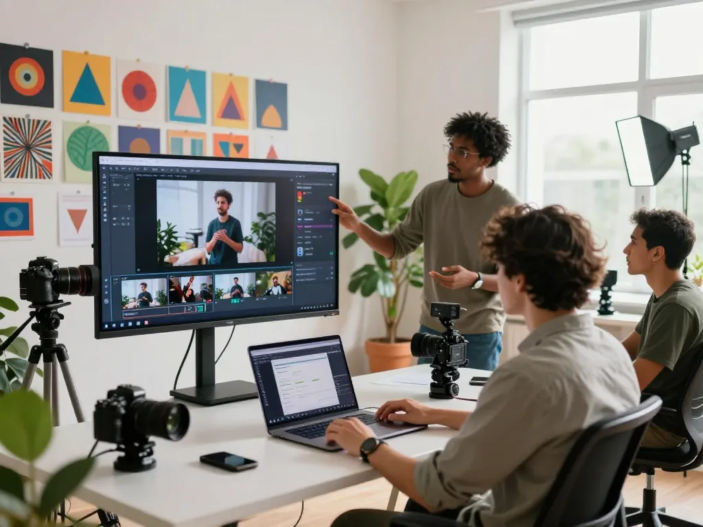 Team collaborating in a creative video production studio using Seedance AI technology for video projects.