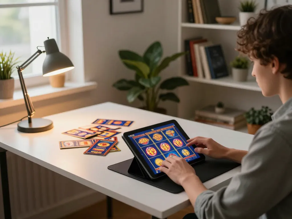 Win88 player engaged in exciting slot gameplay on a tablet in a cozy home office setup.