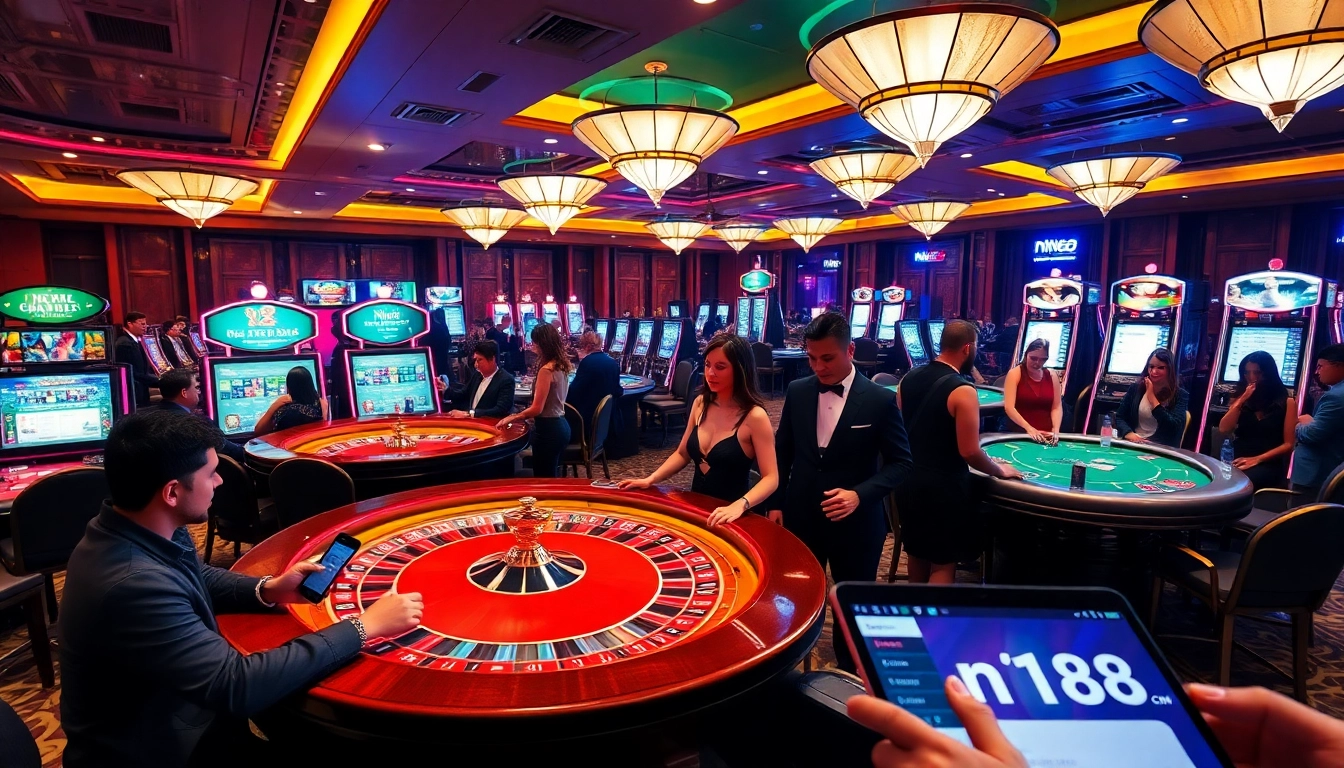 Exciting gaming action at n188 com showcasing luxurious casino tables and vibrant slot machines.