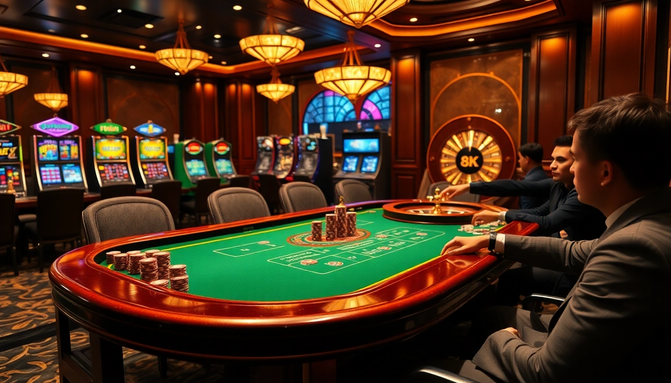 Witness the thrill of an 8k bet at a luxurious casino table surrounded by excited gamblers.