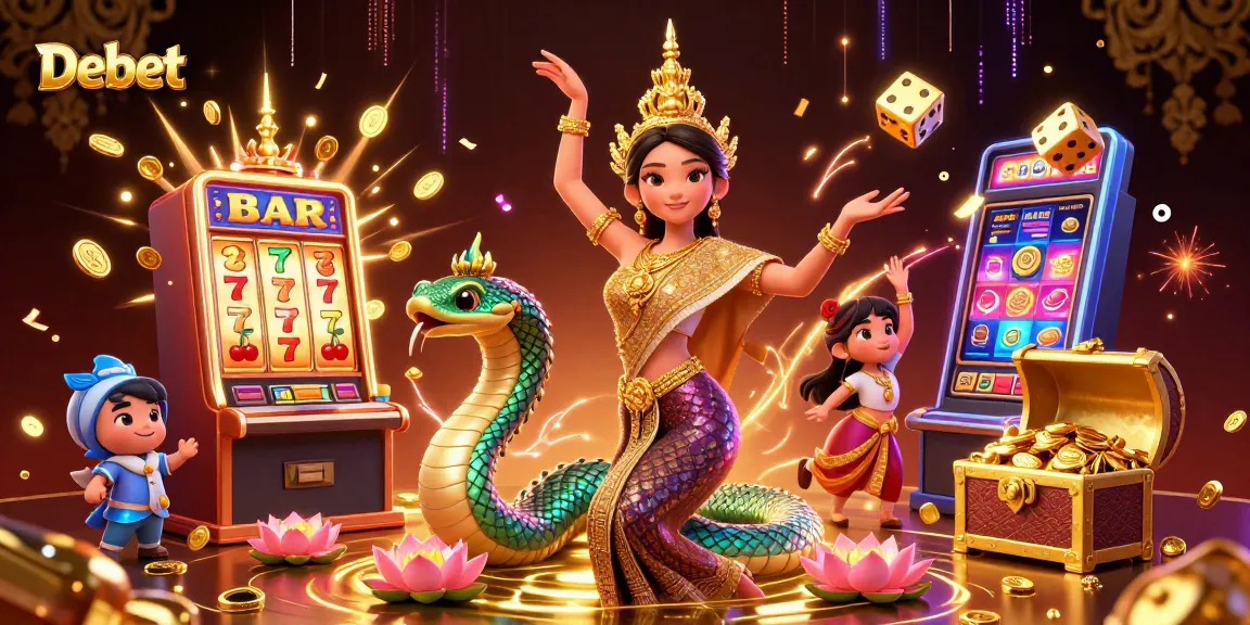 Engage with Debet’s vibrant casino atmosphere featuring slot machines, colorful characters, and jackpot excitement.