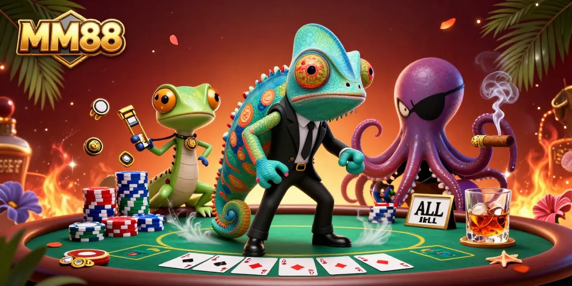 Engage in interactive MM88 poker with vibrant characters, chips, and a dynamic casino scene.