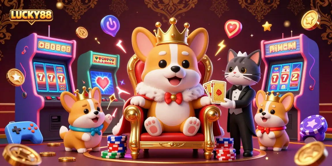 Win big with LUCKY88 at the casino in this vibrant 3D digital illustration showcasing animated characters and gaming elements.