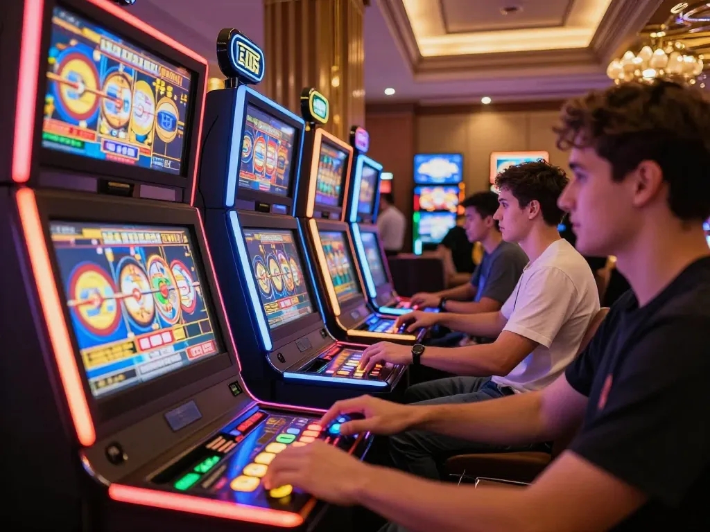 Players enjoying exciting slot machines at 555win casino with vibrant lights and engaging gameplay.