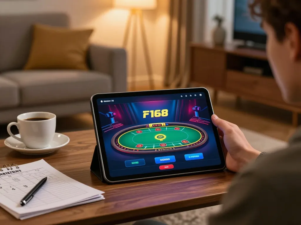 Engaged player using F168 app for online poker in a cozy home setting, emphasizing responsible gaming.
