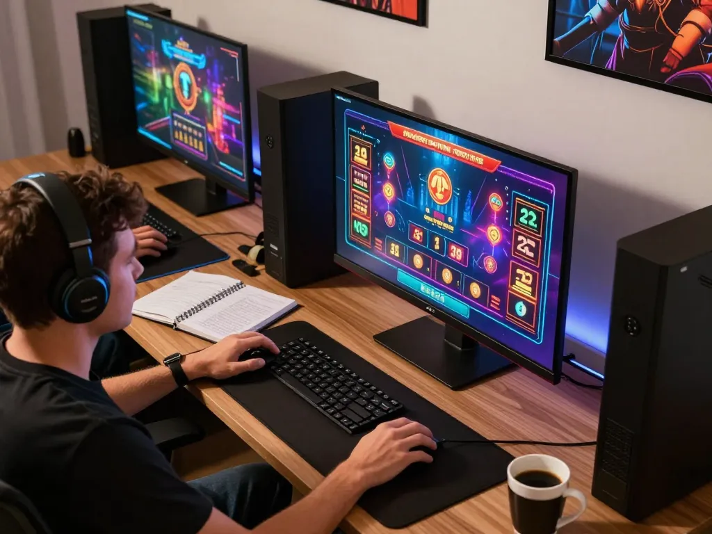 Engaged player analyzing casino strategies on a premium gaming setup with fly88mx displayed on screen.