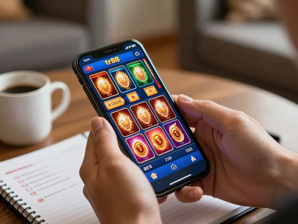 Engaging in tr88 online gaming with smartphone displaying vibrant casino games interface