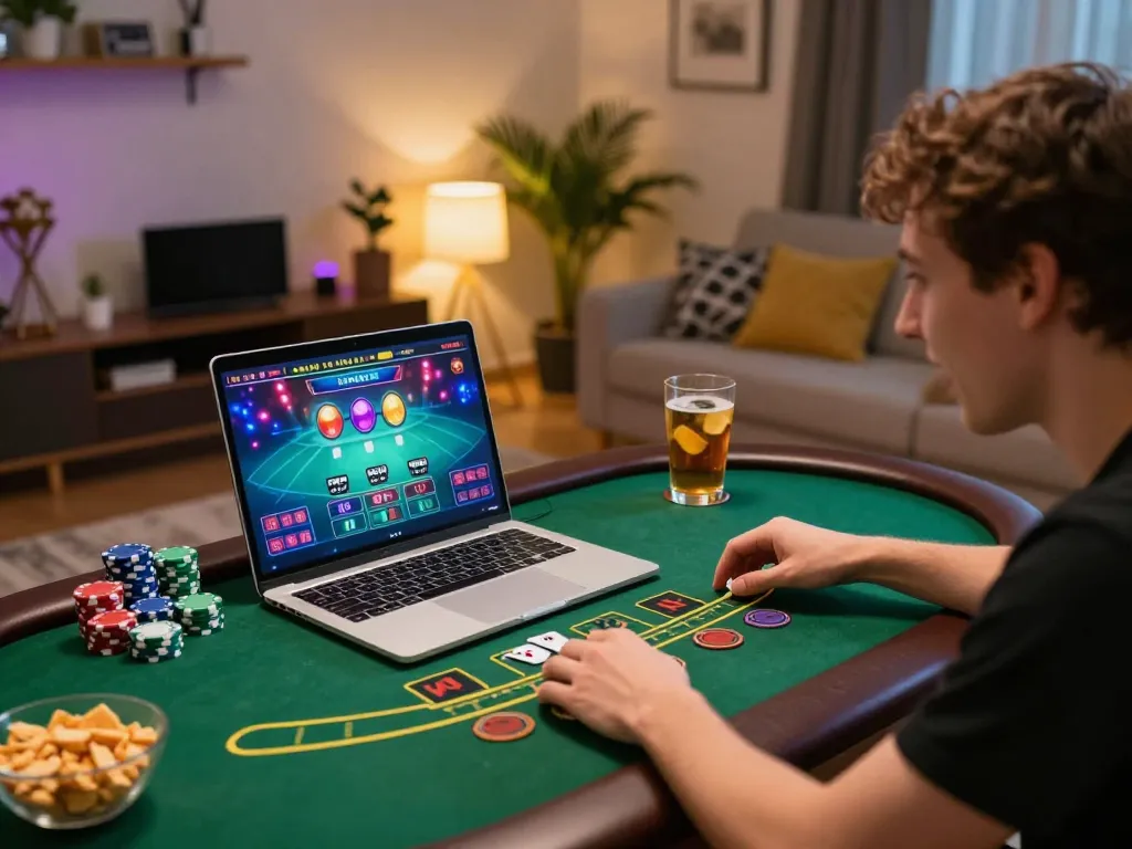 Player engaging in online casino game on laptop at home, showcasing tr88 gaming atmosphere
