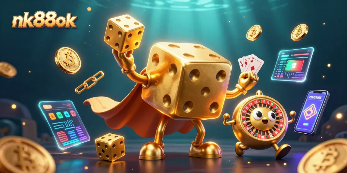 Experience the energetic roll of nk88ok with golden dice and crypto coins in this vibrant 3D casino scene.
