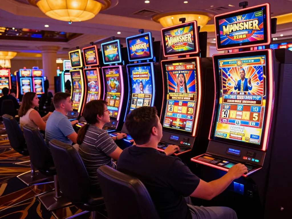Players enjoying mb66 slot machines with colorful displays and vibrant ambiance.