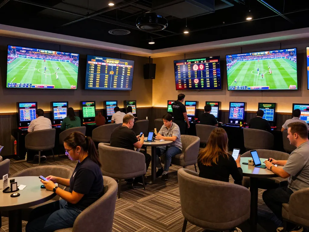 Bongdalu users actively placing sports bets in a lively betting lounge with live match screens.