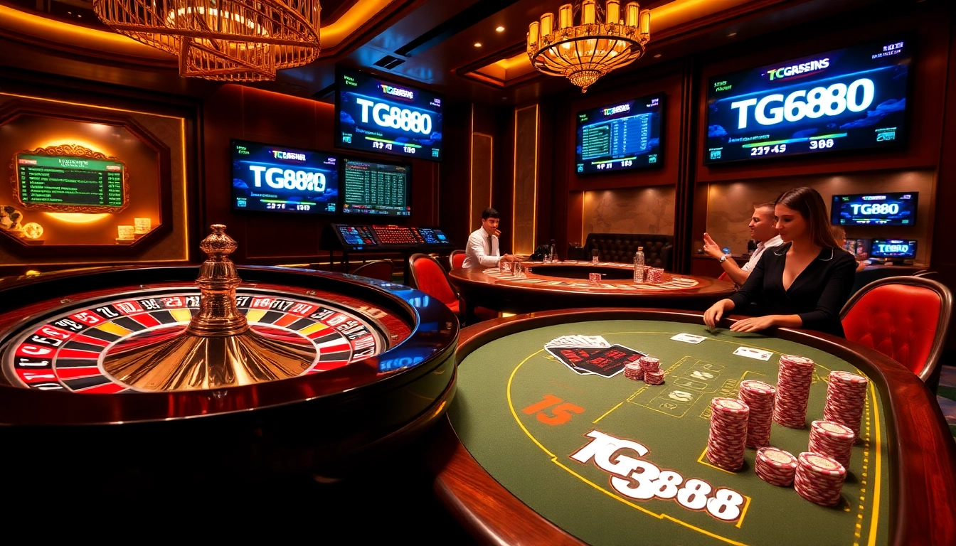 Experience the thrilling atmosphere of TG888 with a vibrant casino scene featuring roulette wheels and poker tables.