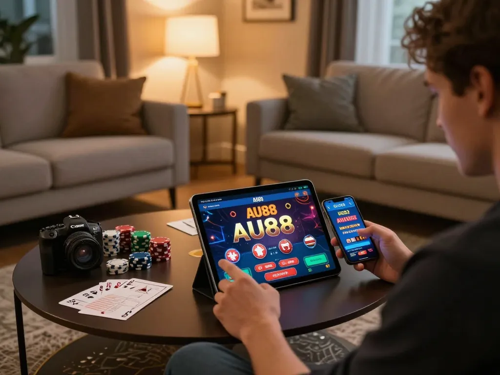 Playing at AU88 cơ hội giàu sang online casino on tablet and smartphone, showcasing strategic gameplay atmosphere.